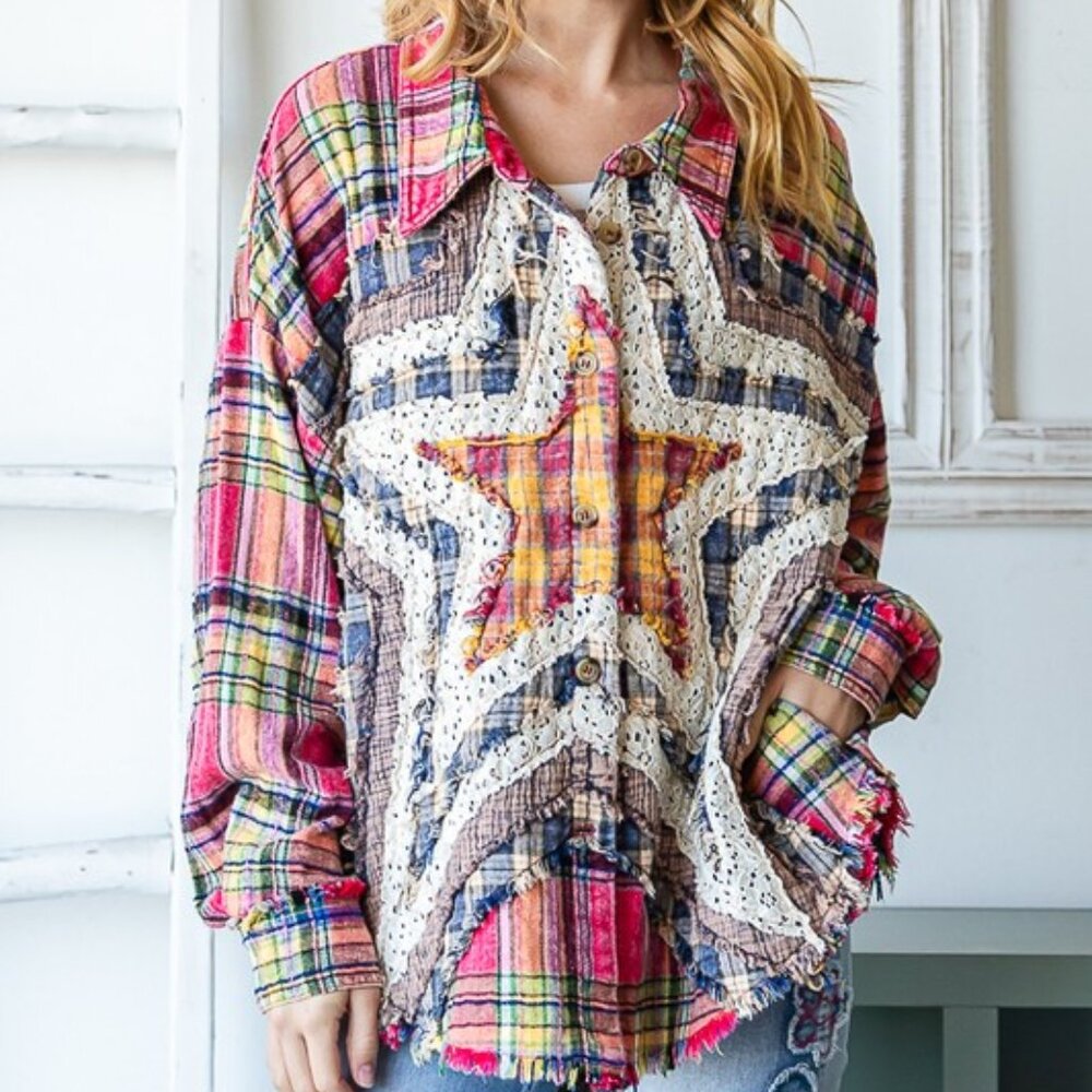Oli & Hali Washed Star Plaid Shirt in Pink/Blue